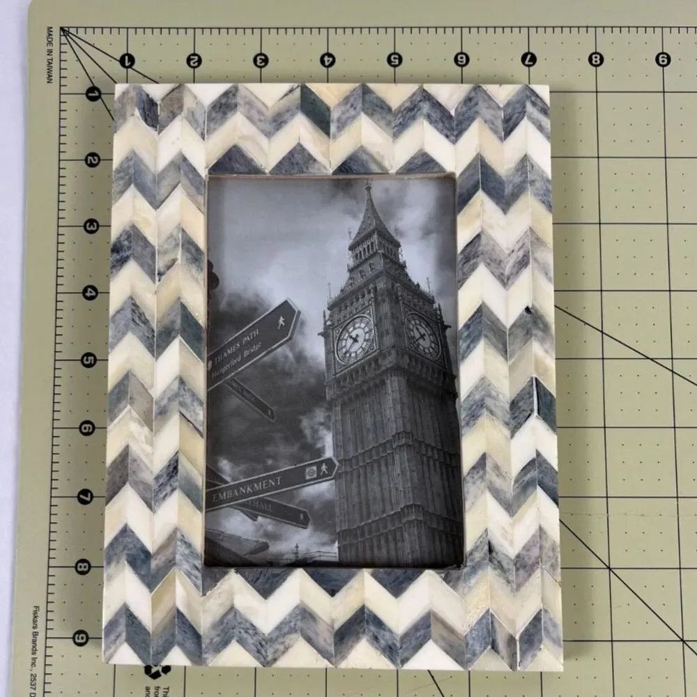 World Market Bone Inlay Picture Frame 4x6 Chevron Mosaic Grey Ivory Boho Decor